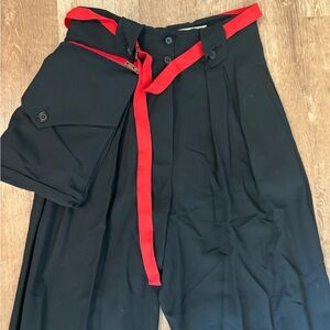 Ivan Grundahl black wool trousers, red belt, removable bag/pocket